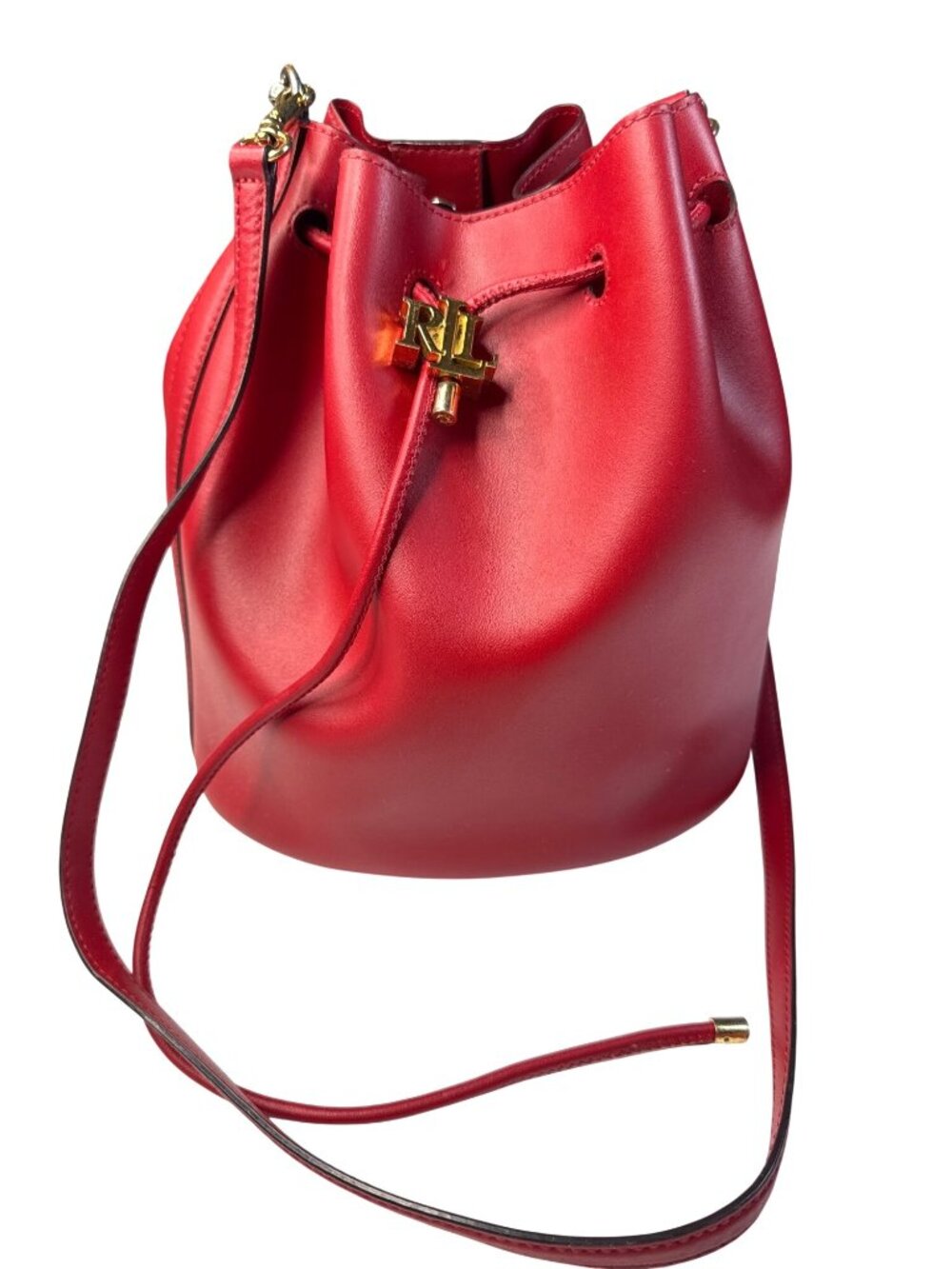 Lauren Ralph Lauren Red Leather Drawstring Bucket Bag W/Gold RL Detail 10"x10"